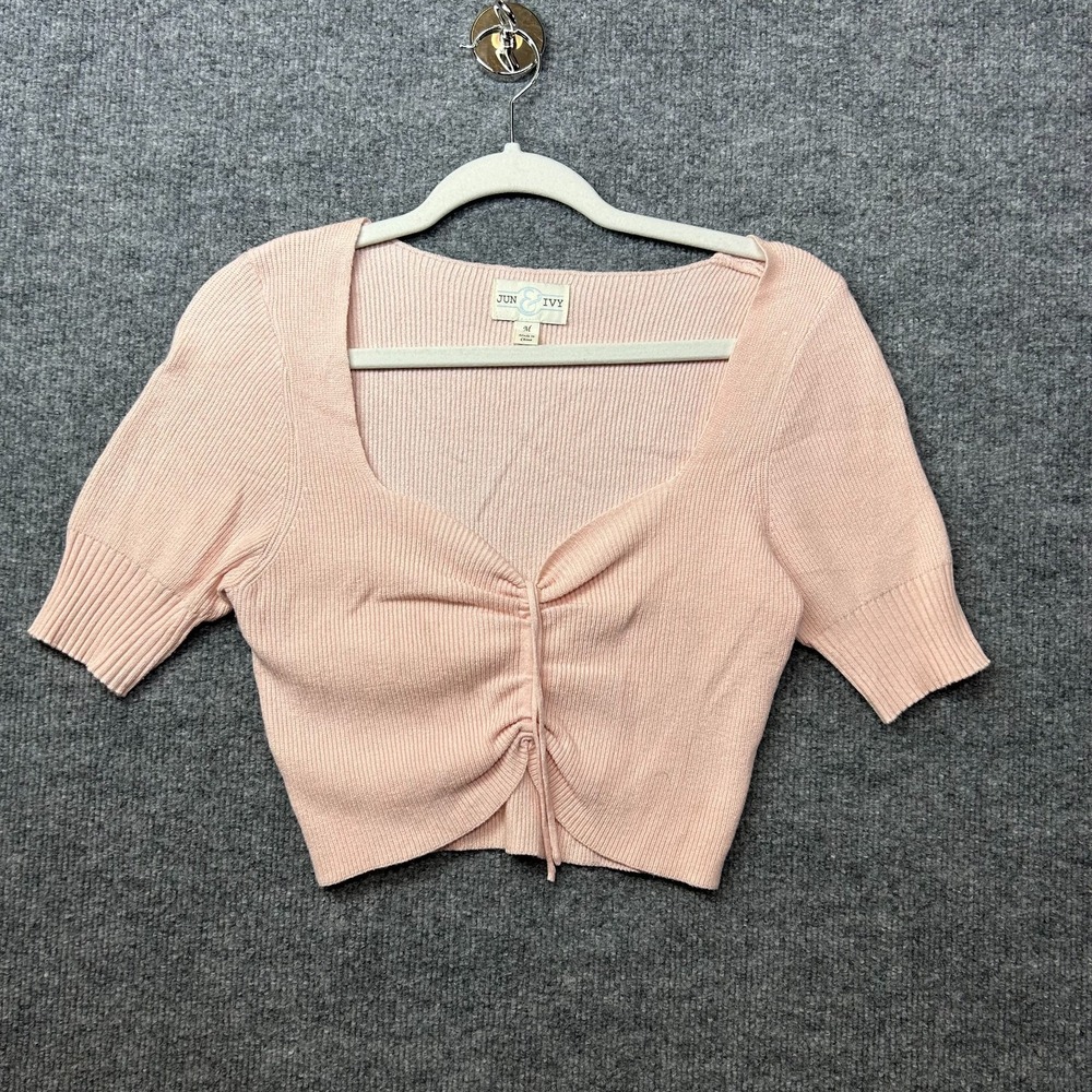 Jun & Ivy Crop Top Women's Light Pink Ribbed Knit Short Sleeve Classic - Medium